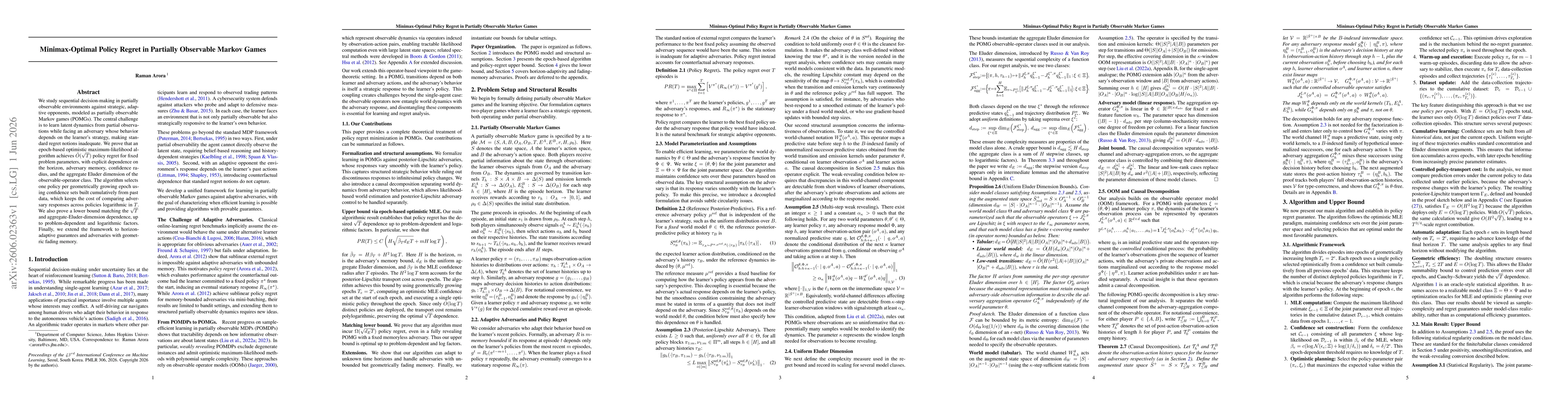 Thumbnail for Minimax-Optimal Policy Regret in Partially Observable Markov Games