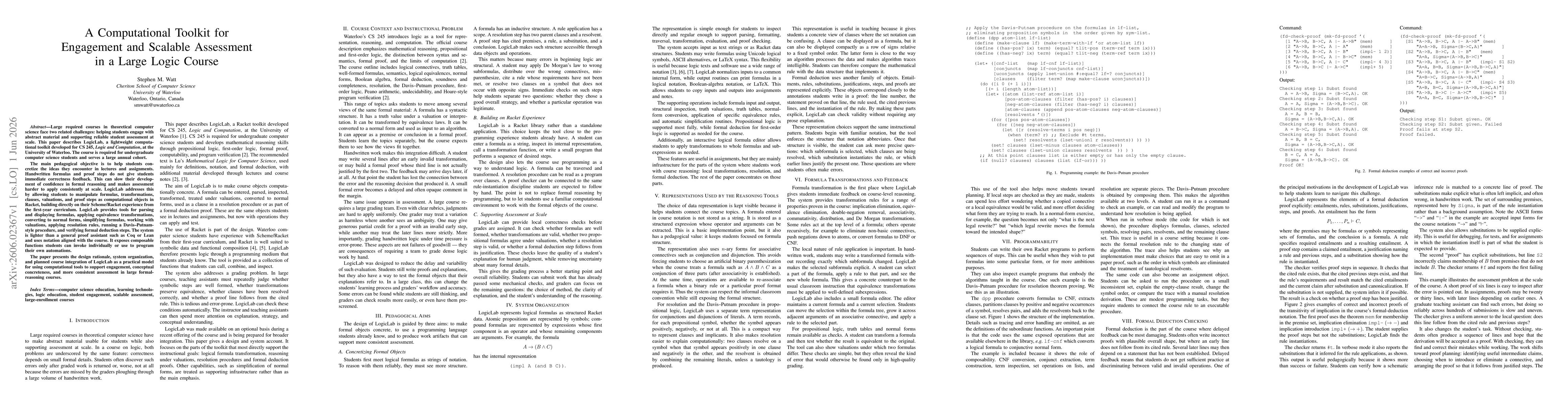 Thumbnail for A Computational Toolkit for Engagement and Scalable Assessment in a Large Logic Course