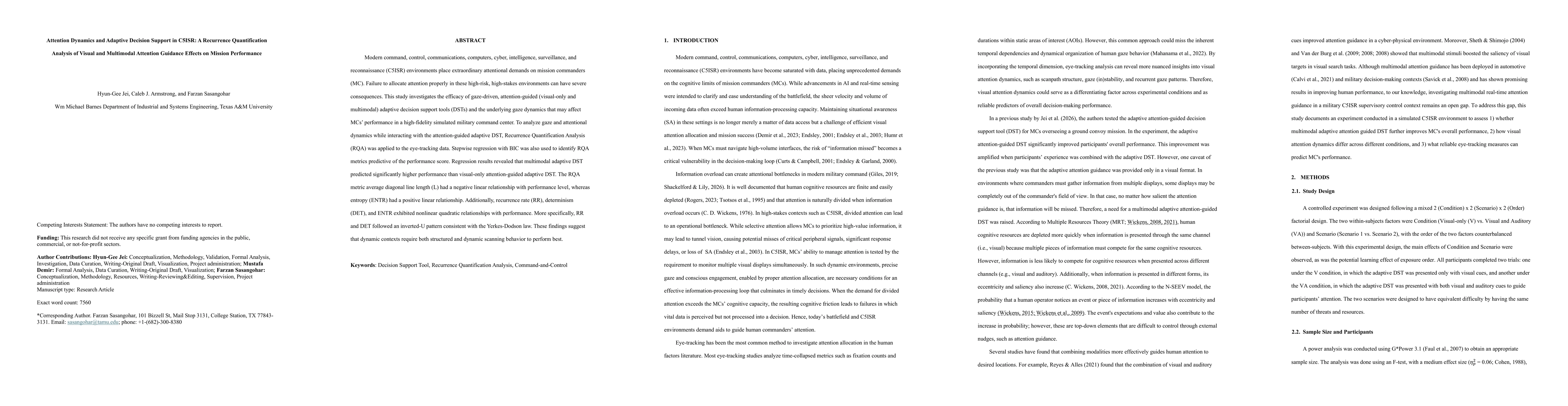 Thumbnail for Attention Dynamics and Adaptive Decision Support in C5ISR: A Recurrence Quantification Analysis of Visual and Multimodal Attention Guidance Effects on Mission Performance