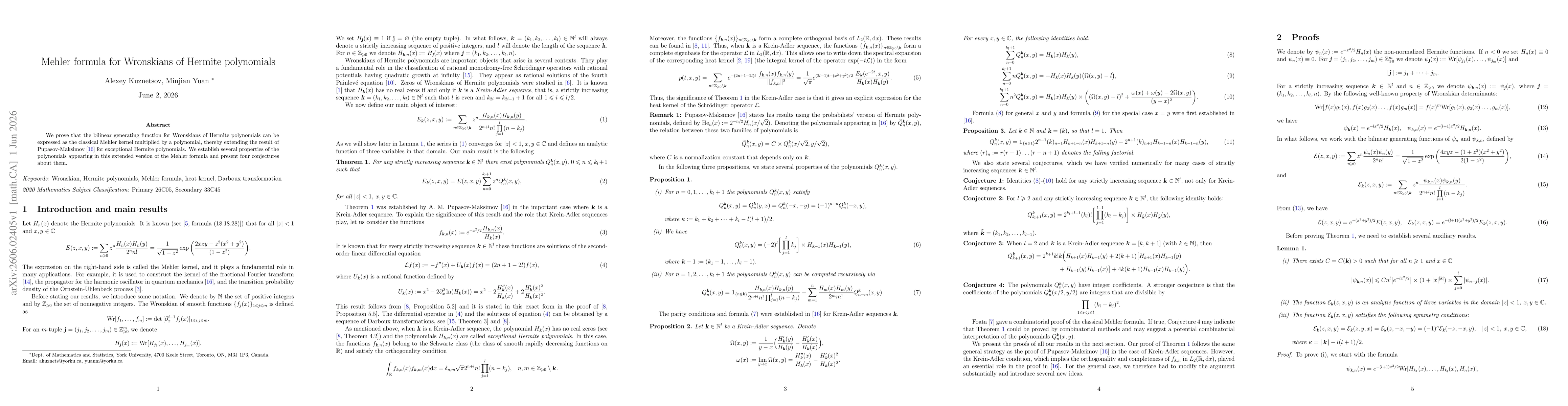 Thumbnail for Mehler formula for Wronskians of Hermite polynomials