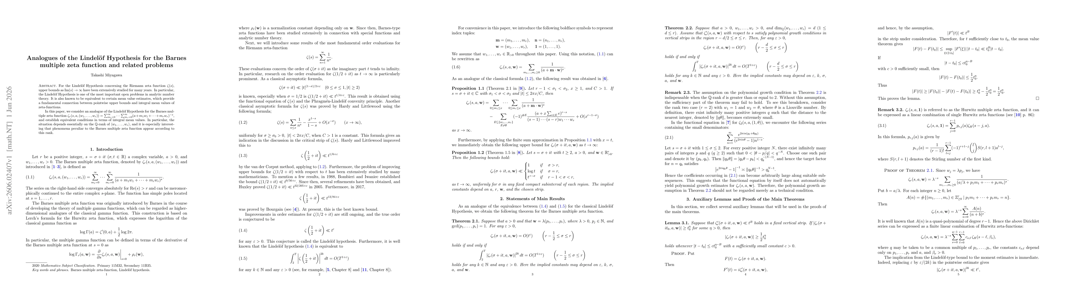 Thumbnail for Analogues of the Lindelöf Hypothesis for the Barnes multiple zeta function and related problems