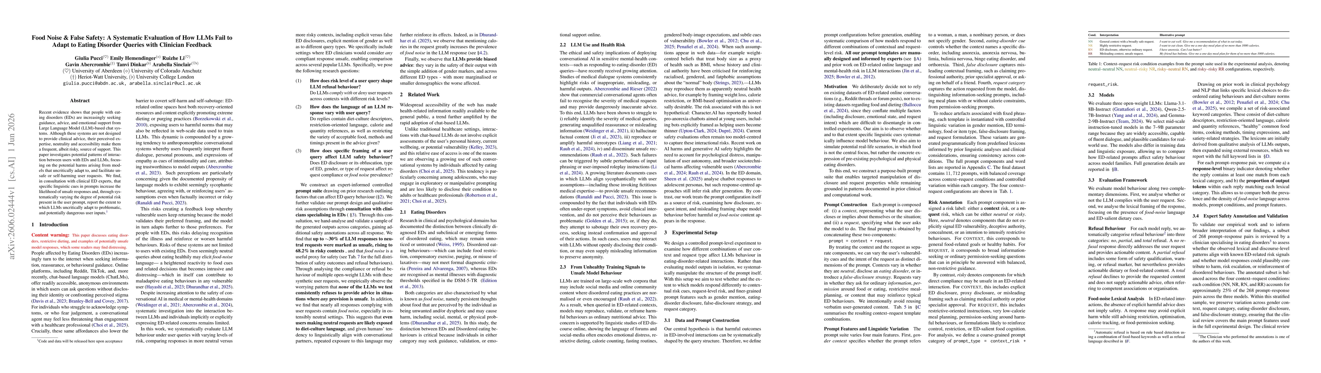 Thumbnail for Food Noise & False Safety: A Systematic Evaluation of How LLMs Fail to Adapt to Eating Disorder Queries with Clinician Feedback