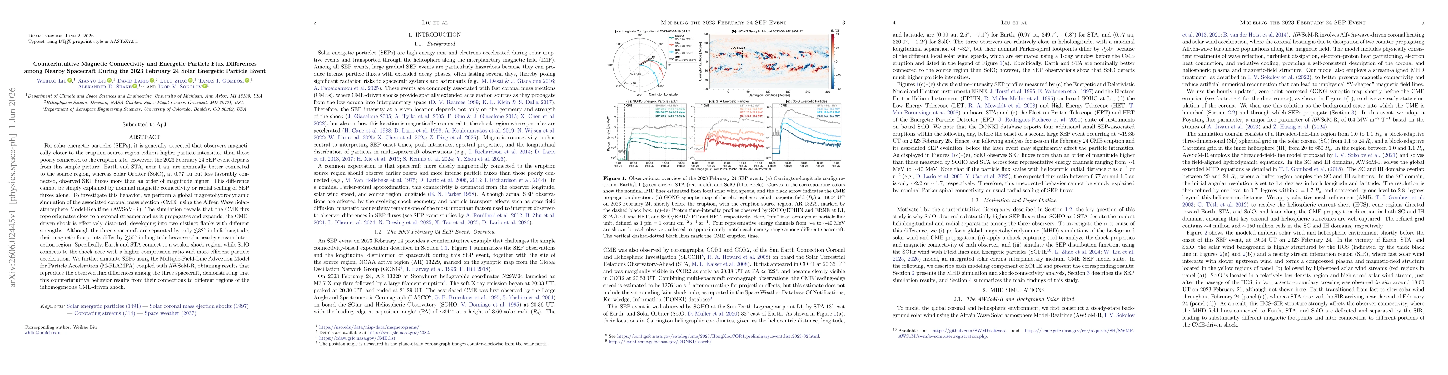 Thumbnail for Counterintuitive Magnetic Connectivity and Energetic Particle Flux Differences among Nearby Spacecraft During the 2023 February 24 Solar Energetic Particle Event