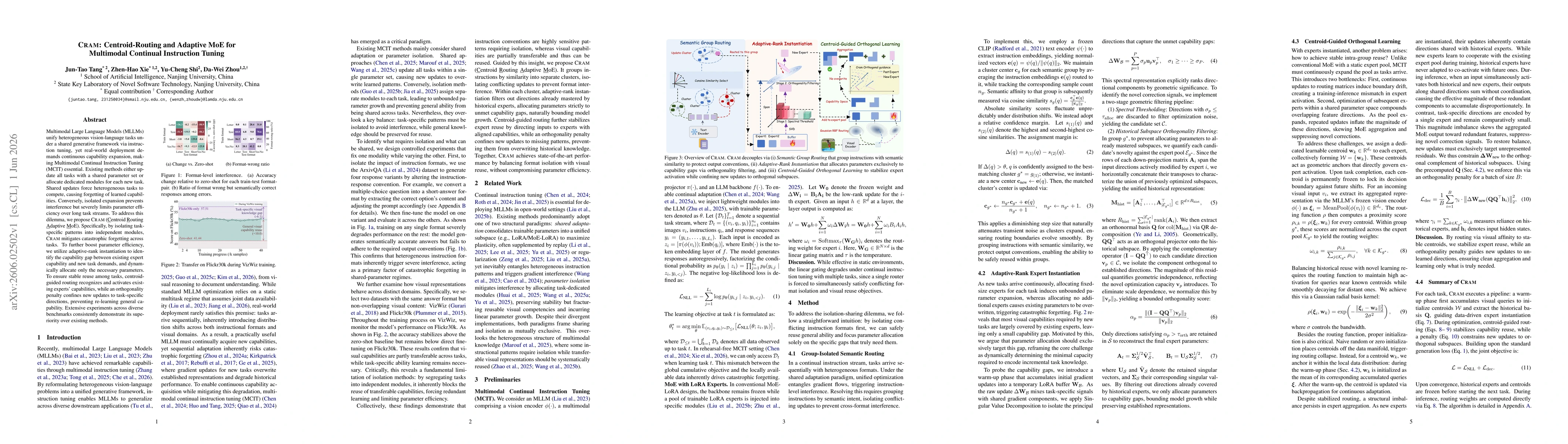 Thumbnail for CRAM: Centroid-Routing and Adaptive MoE for Multimodal Continual Instruction Tuning