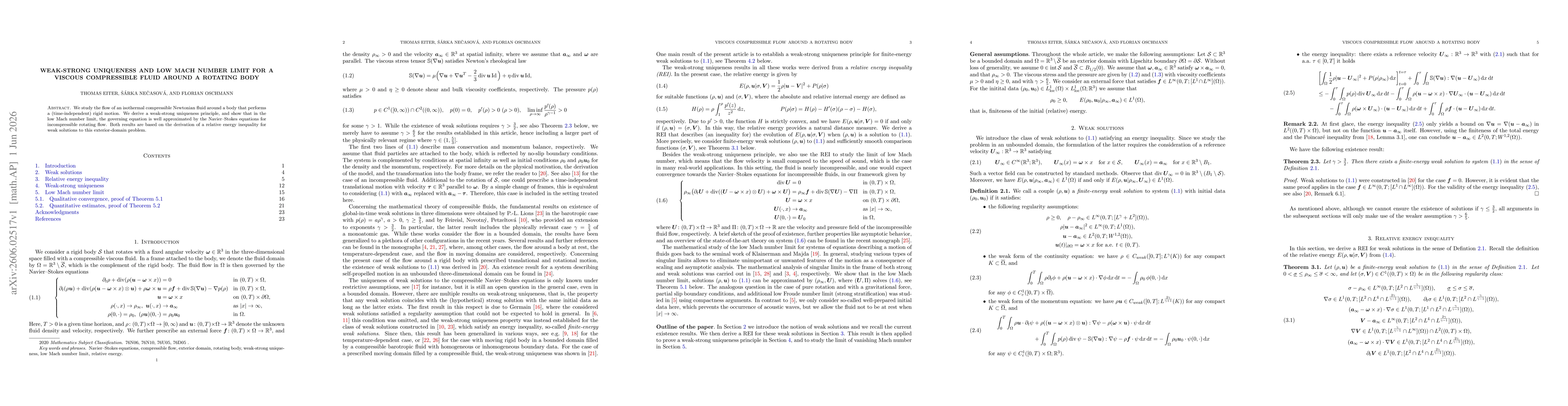 Thumbnail for Weak-strong uniqueness and low Mach number limit for a viscous compressible fluid around a rotating body