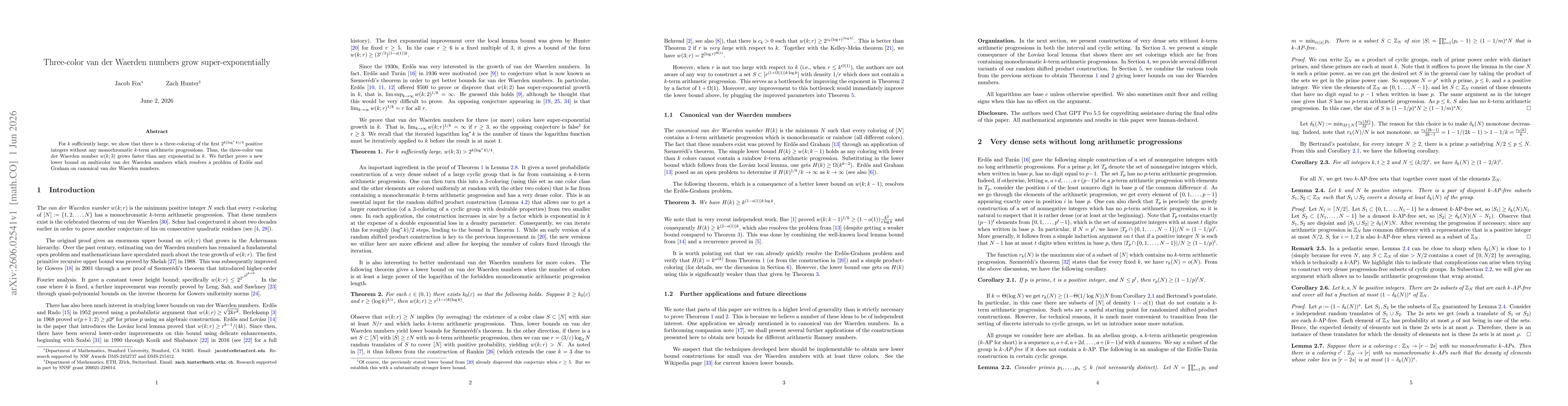 Thumbnail for Three-color van der Waerden numbers grow super-exponentially