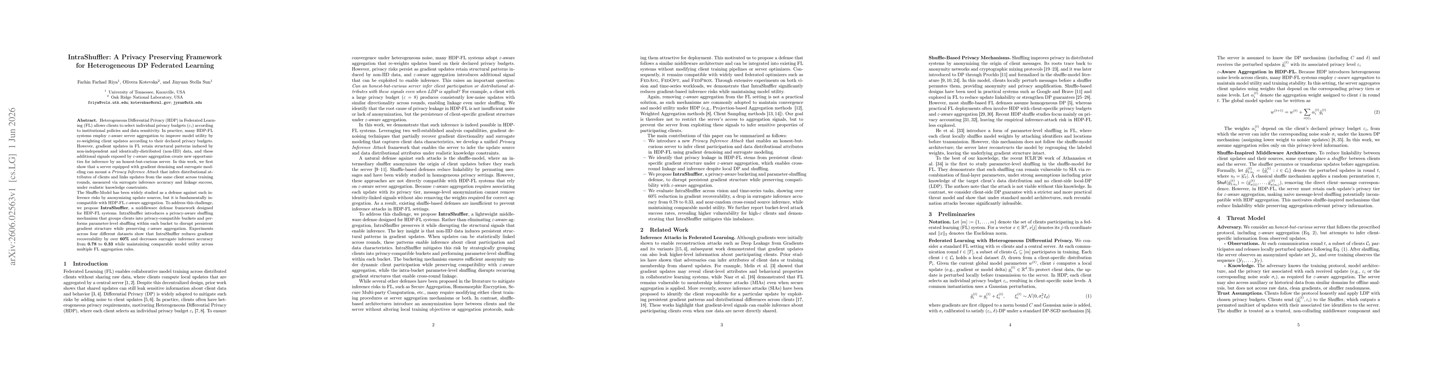 Thumbnail for IntraShuffler: A Privacy Preserving Framework for Heterogeneous DP Federated Learning