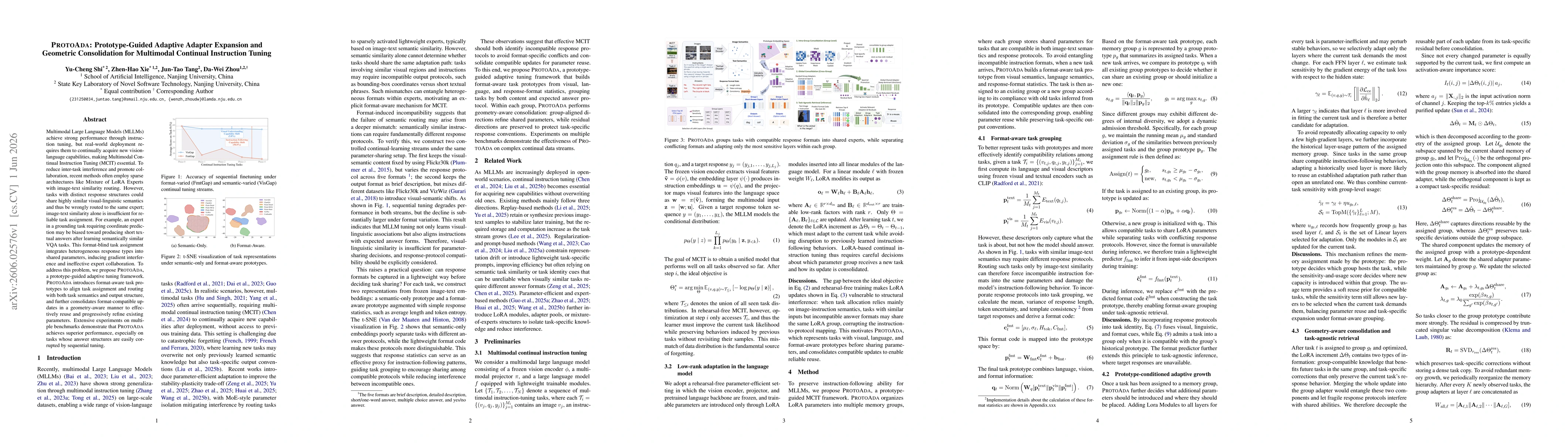 Thumbnail for ProtoAda: Prototype-Guided Adaptive Adapter Expansion and Geometric Consolidation for Multimodal Continual Instruction Tuning
