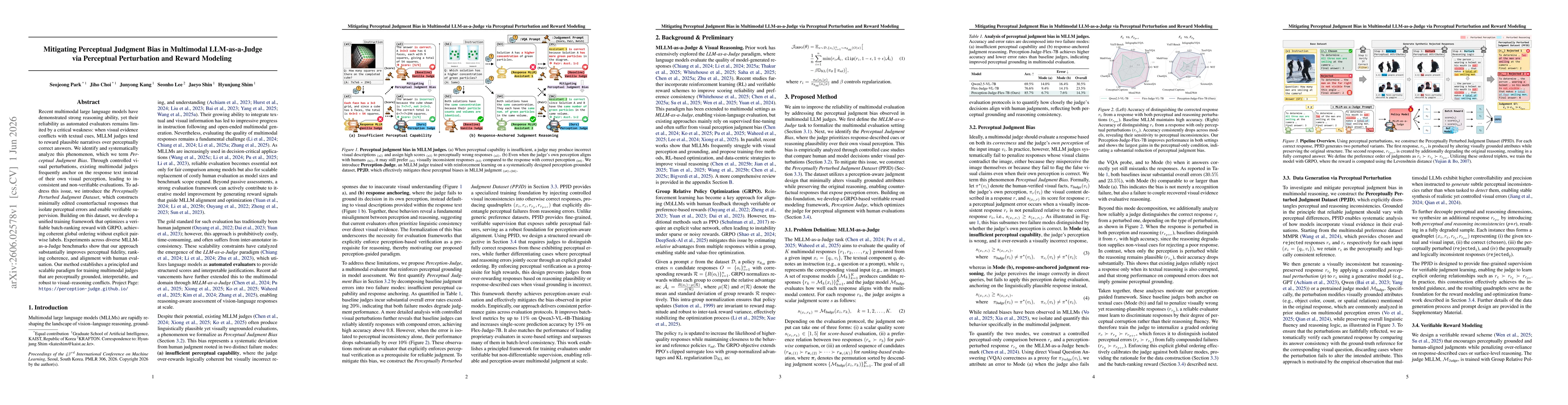 Thumbnail for Mitigating Perceptual Judgment Bias in Multimodal LLM-as-a-Judge via Perceptual Perturbation and Reward Modeling