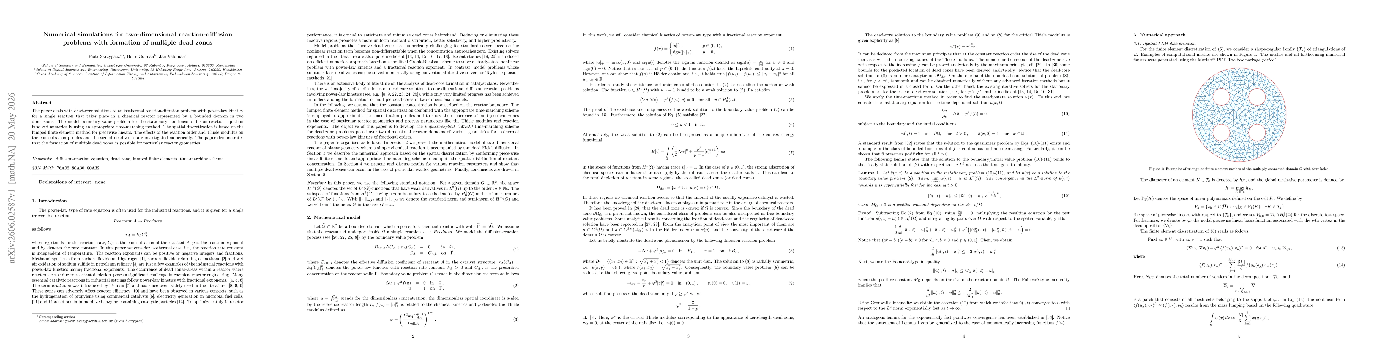 Thumbnail for Numerical simulations for two-dimensional reaction-diffusion problems with formation of multiple dead zones