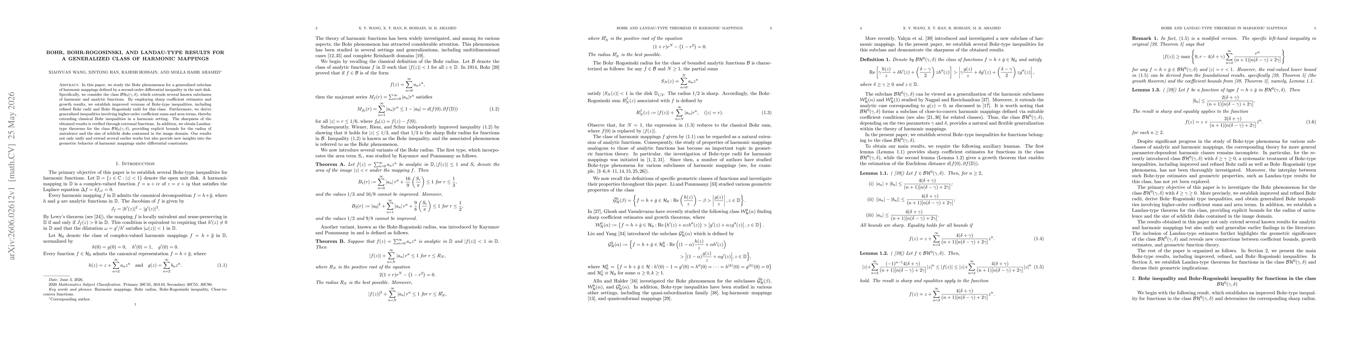 Thumbnail for Bohr, Bohr-Rogosinski, and Landau-Type Results for a Generalized Class of Harmonic Mappings