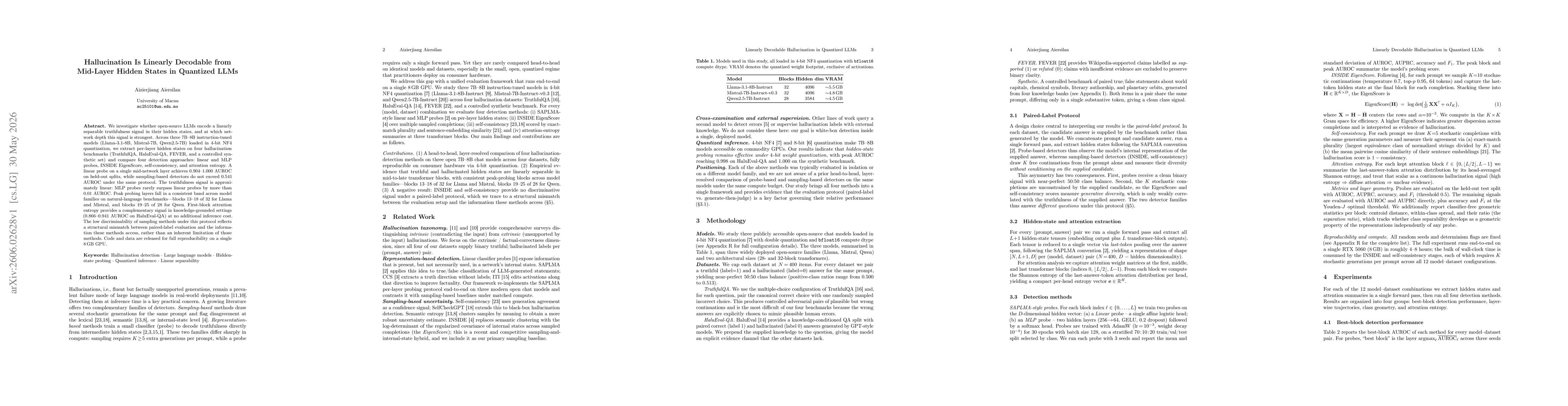 Thumbnail for Hallucination Is Linearly Decodable from Mid-Layer Hidden States in Quantized LLMs