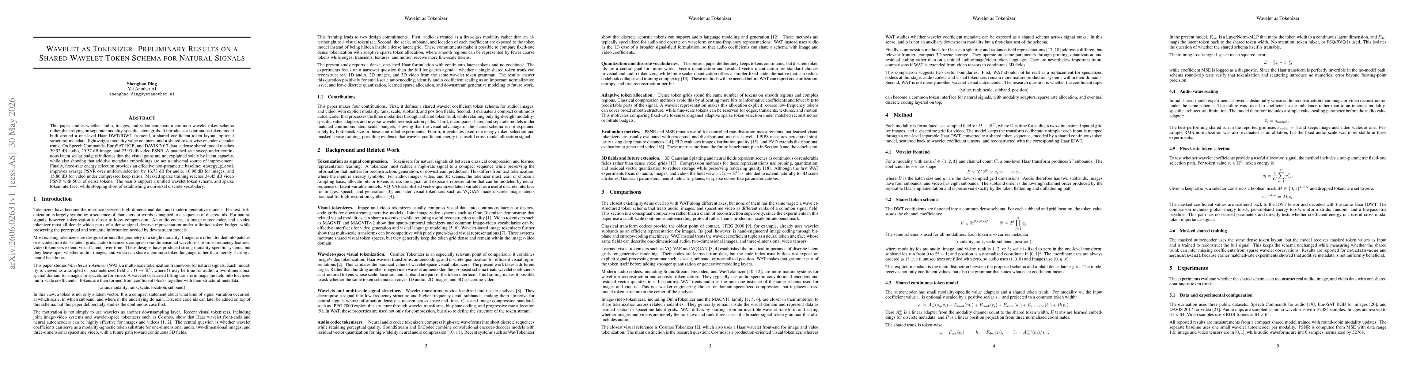 Thumbnail for Wavelet as Tokenizer: Preliminary Results on a Shared Wavelet Token Schema for Natural Signals