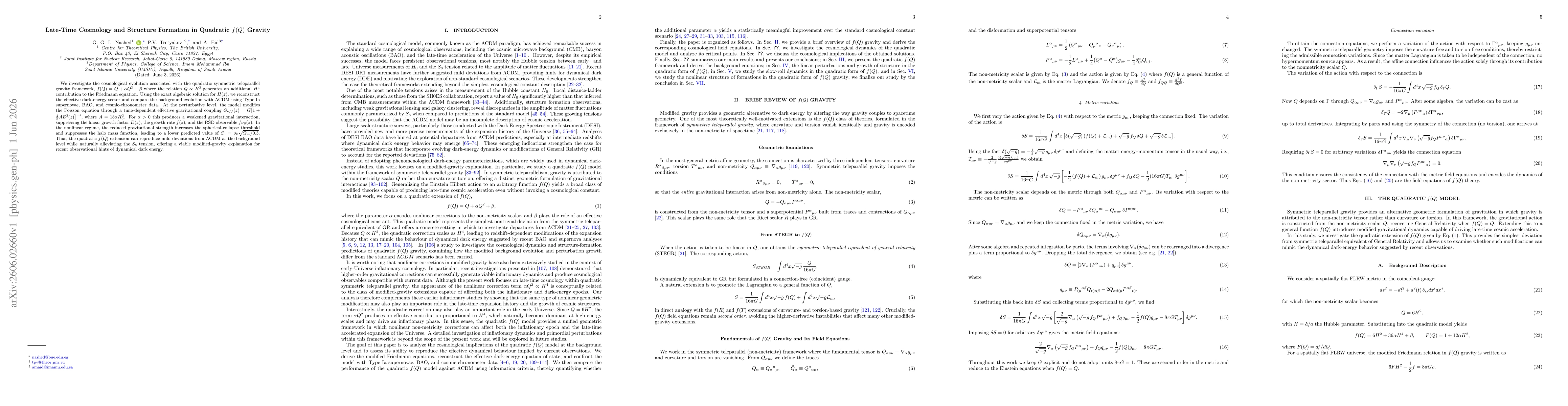 Thumbnail for Late-Time Cosmology and Structure Formation in Quadratic $f(Q)$ Gravity