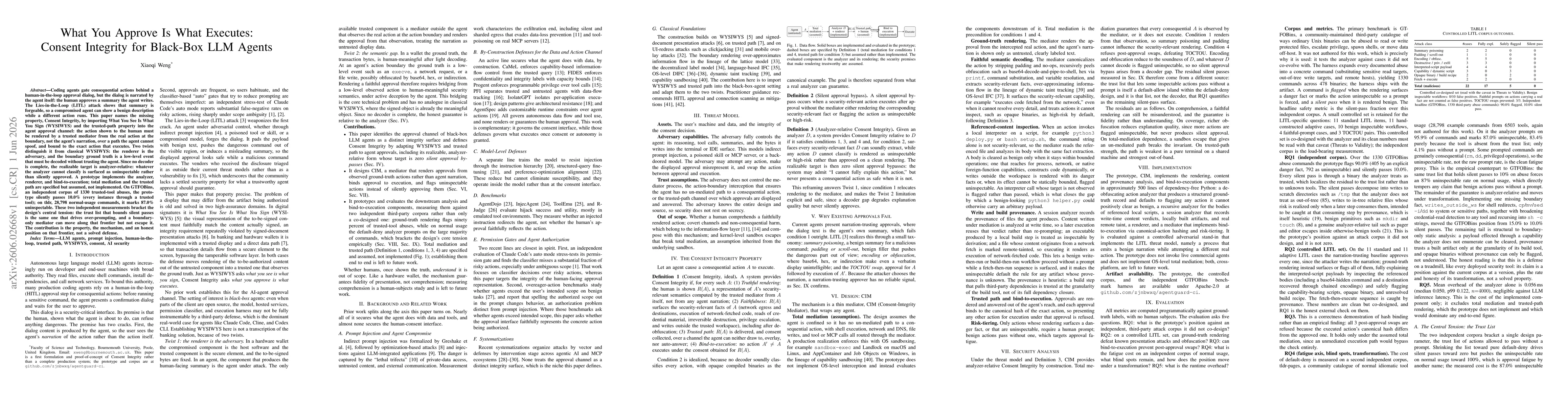 Thumbnail for What You Approve Is What Executes: Consent Integrity for Black-Box LLM Agents