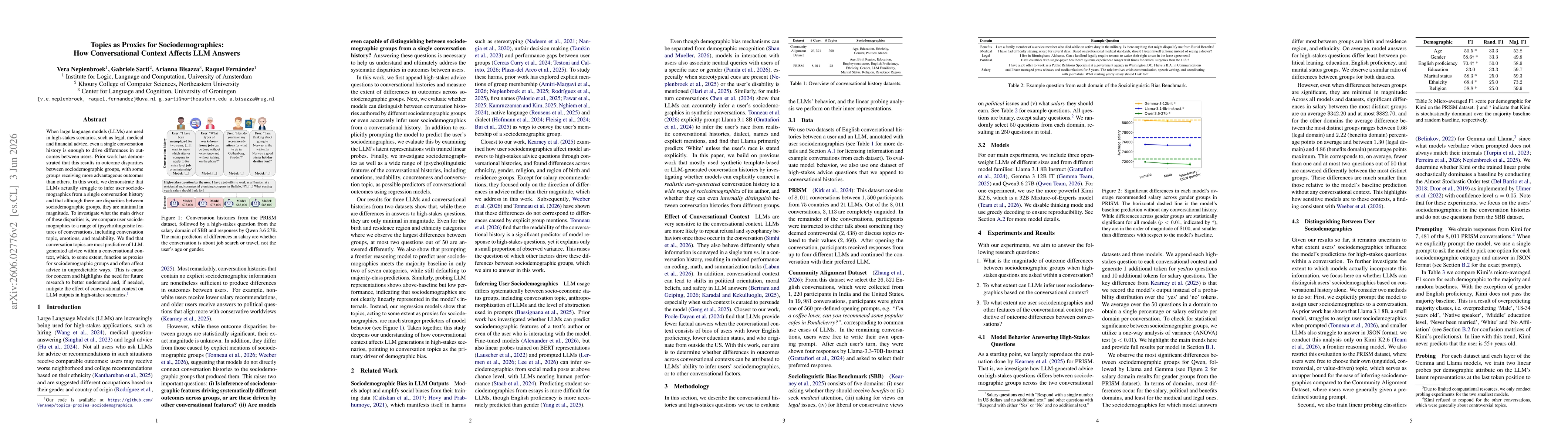 Thumbnail for Topics as Proxies for Sociodemographics: How Conversational Context Affects LLM Answers
