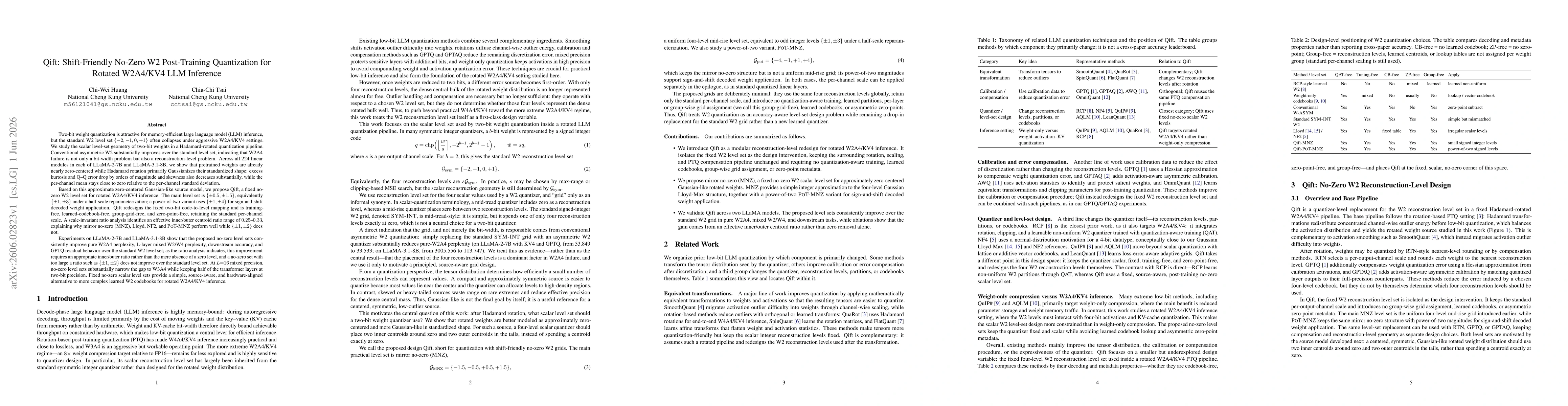 Thumbnail for Qift: Shift-Friendly No-Zero W2 Post-Training Quantization for Rotated W2A4/KV4 LLM Inference