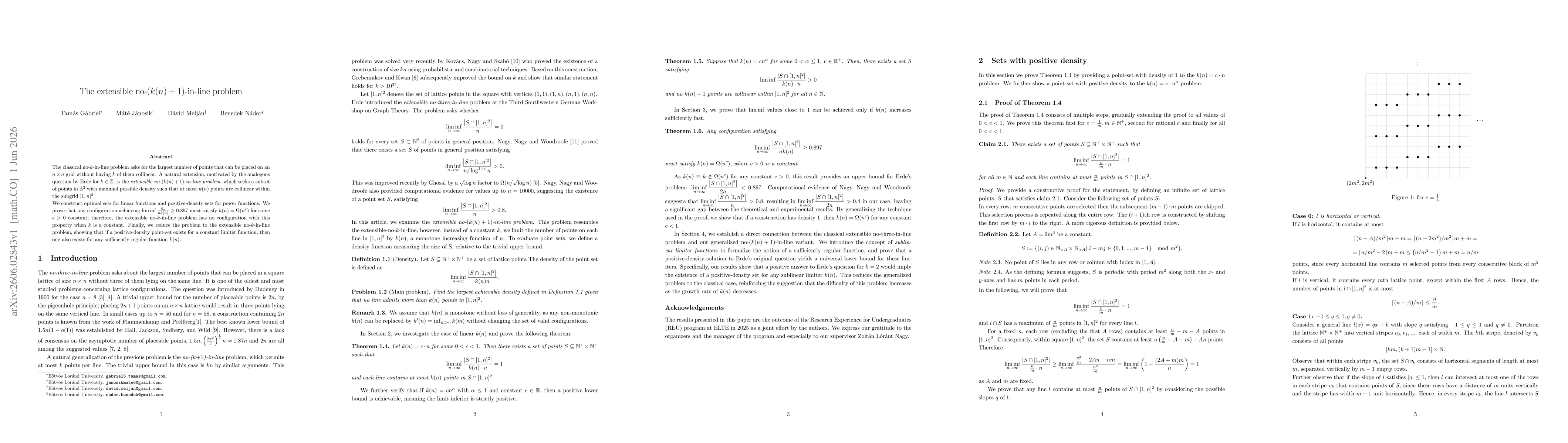 Thumbnail for The extensible no-$(k(n)+1)$-in-line problem