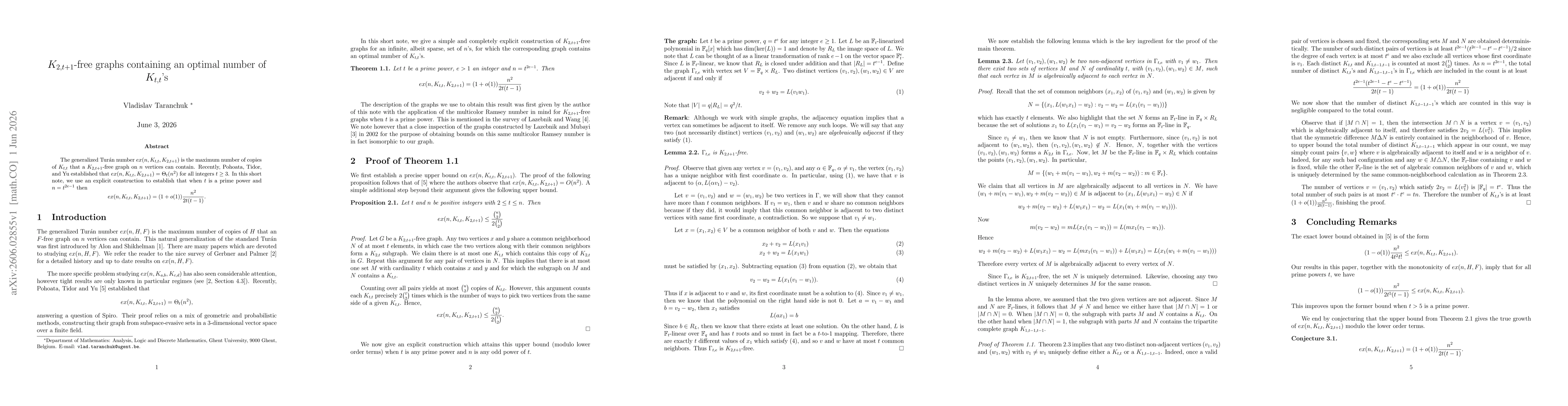 Thumbnail for $K_{2, t+1}$-free graphs containing an optimal number of $K_{t, t}$'s