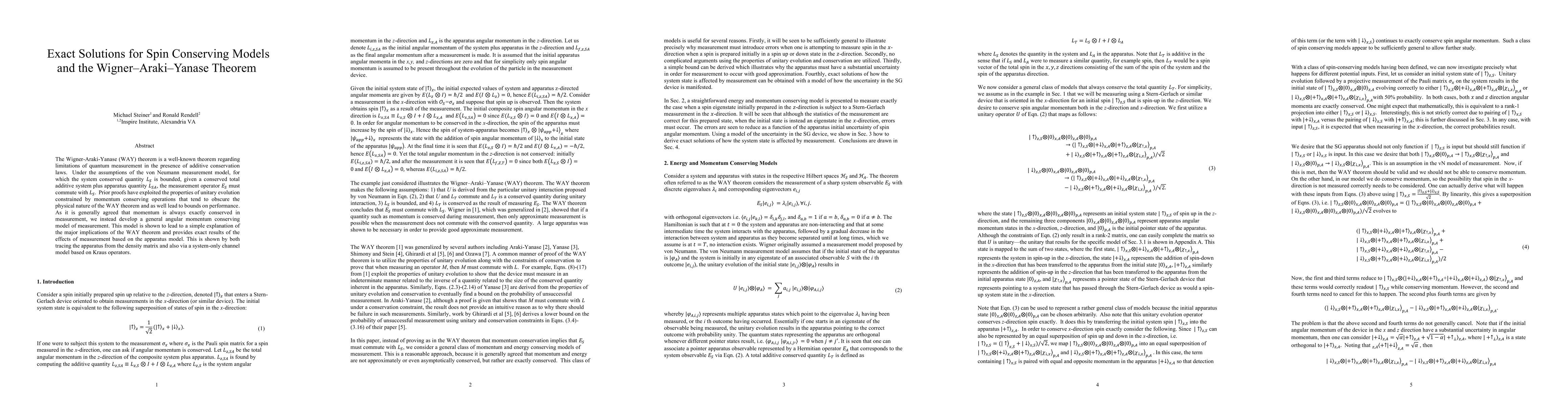 Thumbnail for Exact Solutions for Spin Conserving Models and the Wigner-Araki-Yanase Theorem
