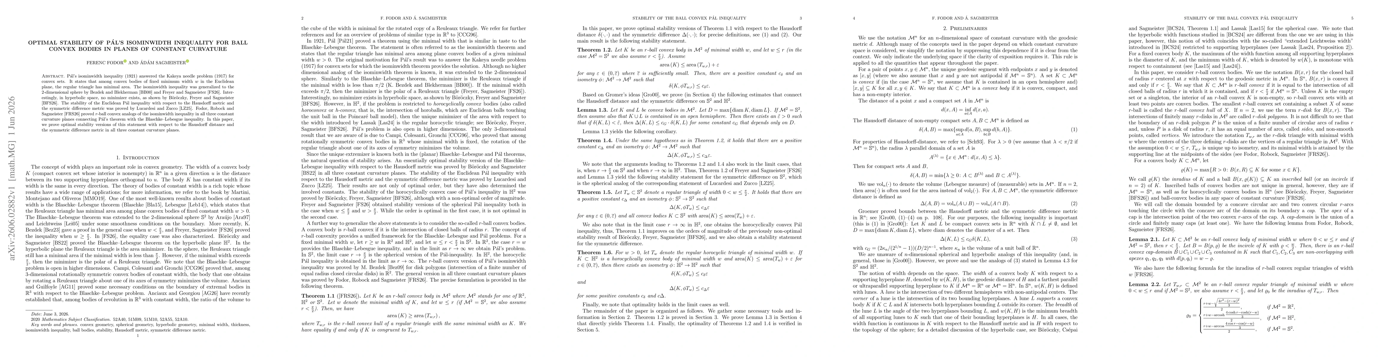 Thumbnail for Optimal stability of Pál's isominwidth inequality for ball convex bodies in planes of constant curvature