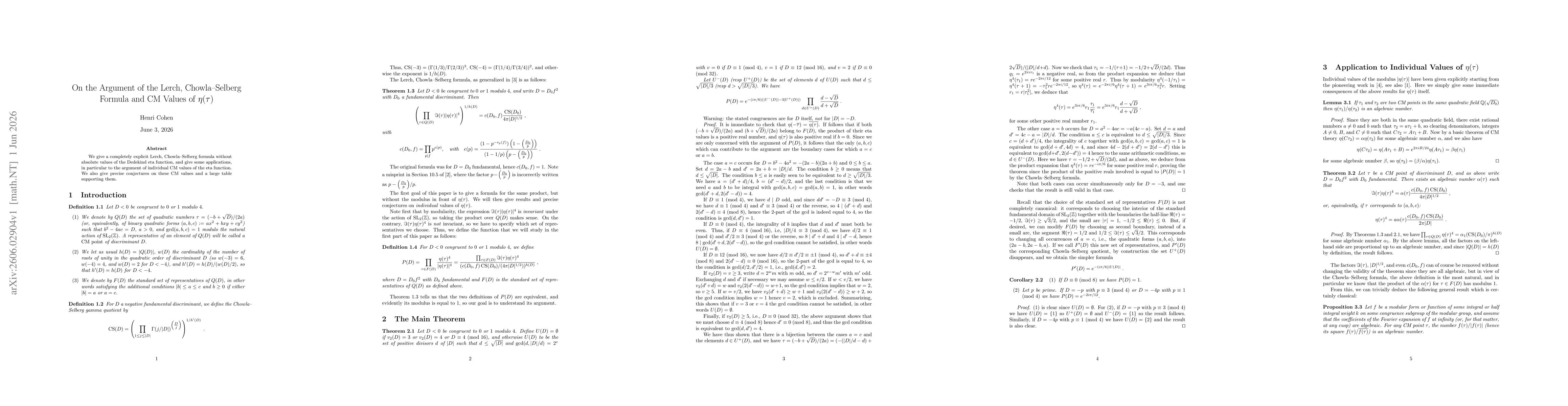 Thumbnail for On the Argument of the Lerch, Chowla--Selberg Formula and CM Values of $η(τ)$