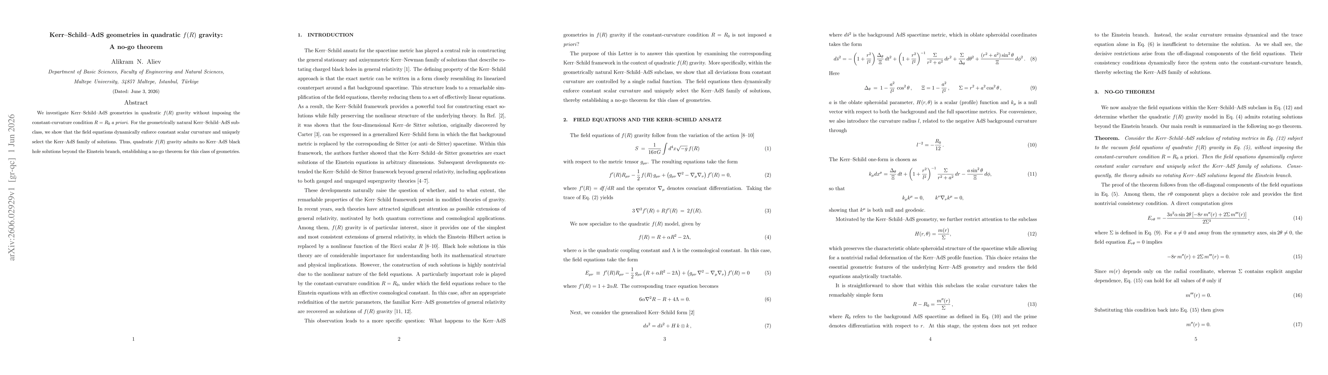 Thumbnail for Kerr--Schild--AdS geometries in quadratic f(R) gravity: A no-go theorem