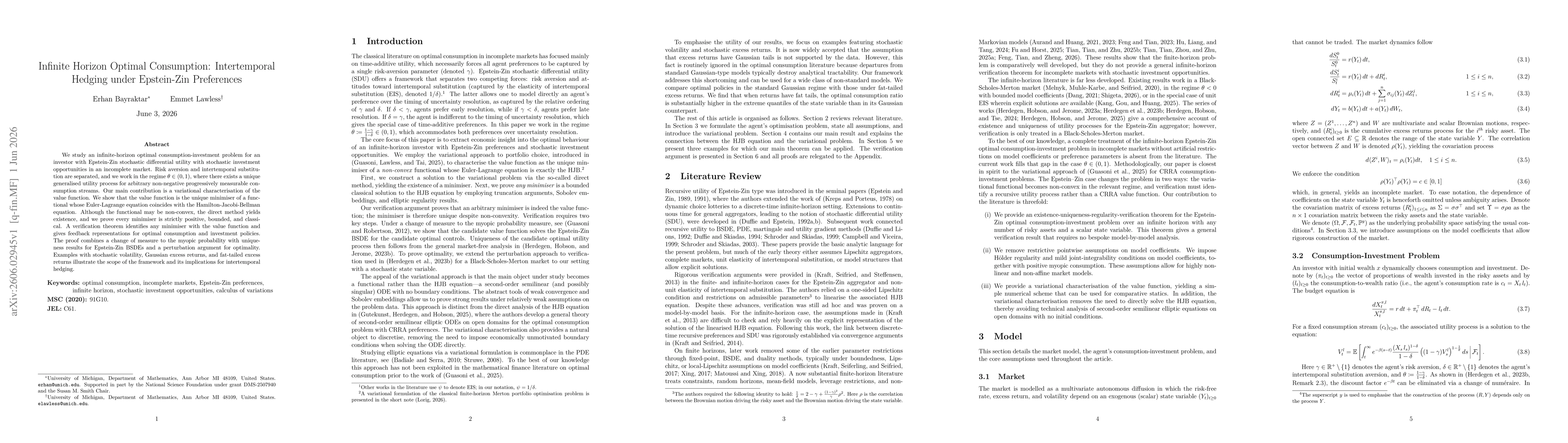Thumbnail for Infinite Horizon Optimal Consumption: Intertemporal Hedging under Epstein-Zin Preferences