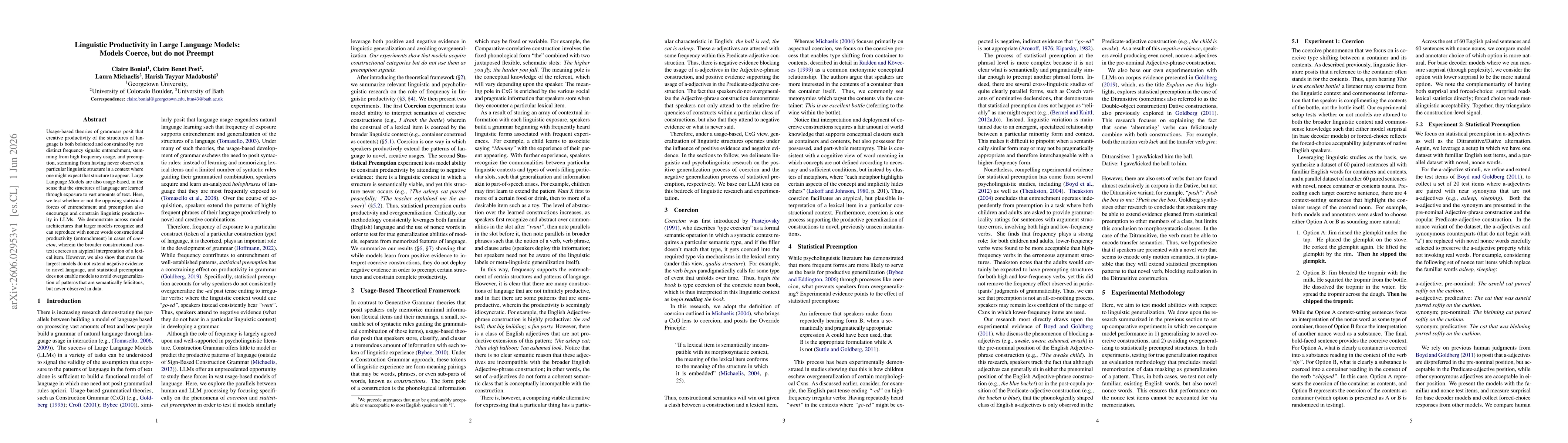 Thumbnail for Linguistic Productivity in Large Language Models: Models Coerce, but do not Preempt