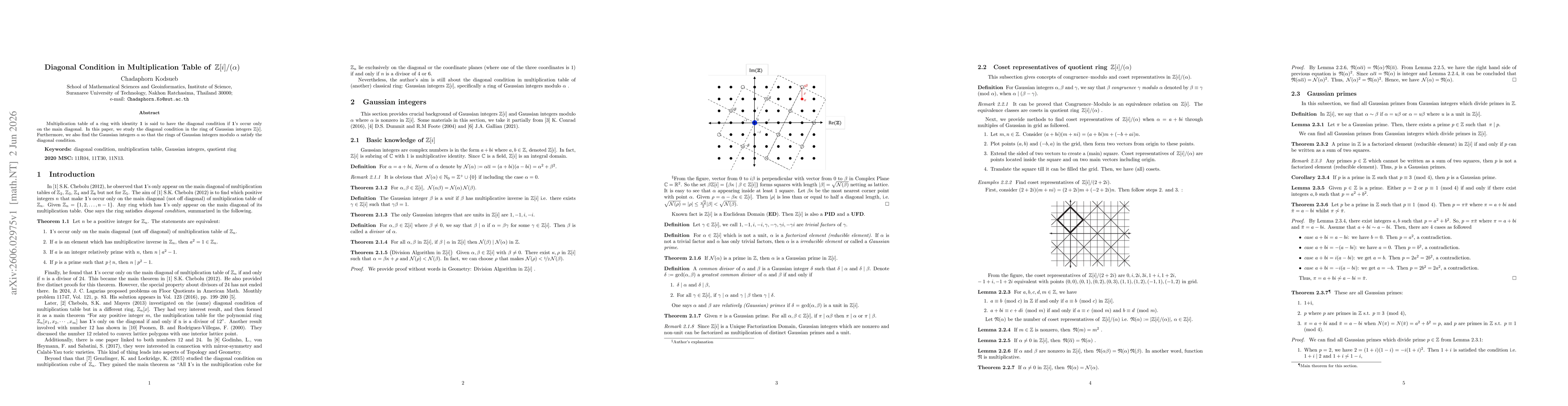 Thumbnail for Diagonal Condition in Multiplication Table of $\displaystyle {\, \mathbb{Z} [i] / (α) }$