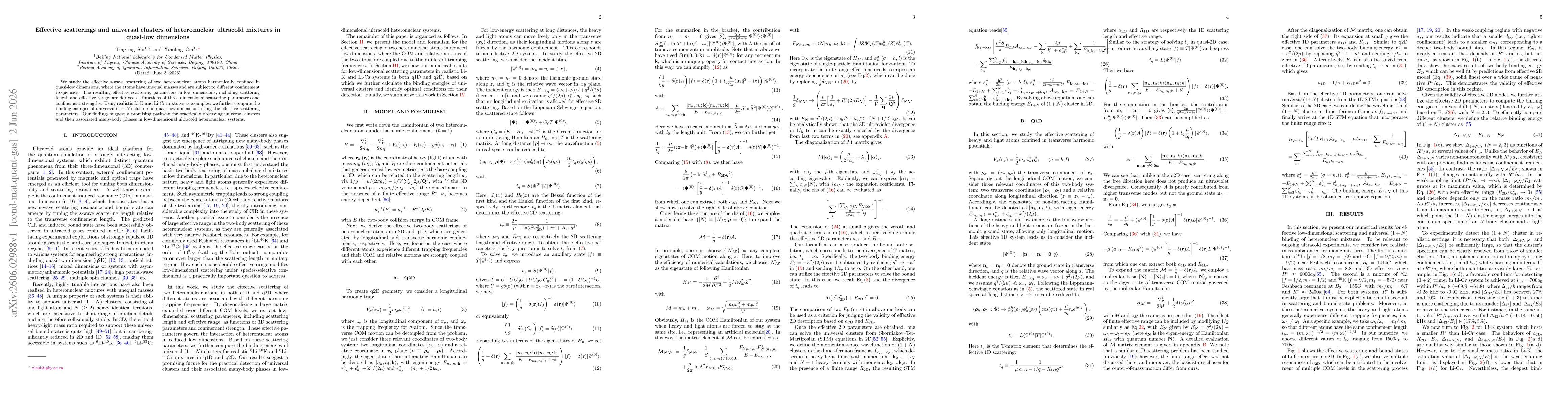 Thumbnail for Effective scatterings and universal clusters of heteronuclear ultracold mixtures in quasi-low dimensions
