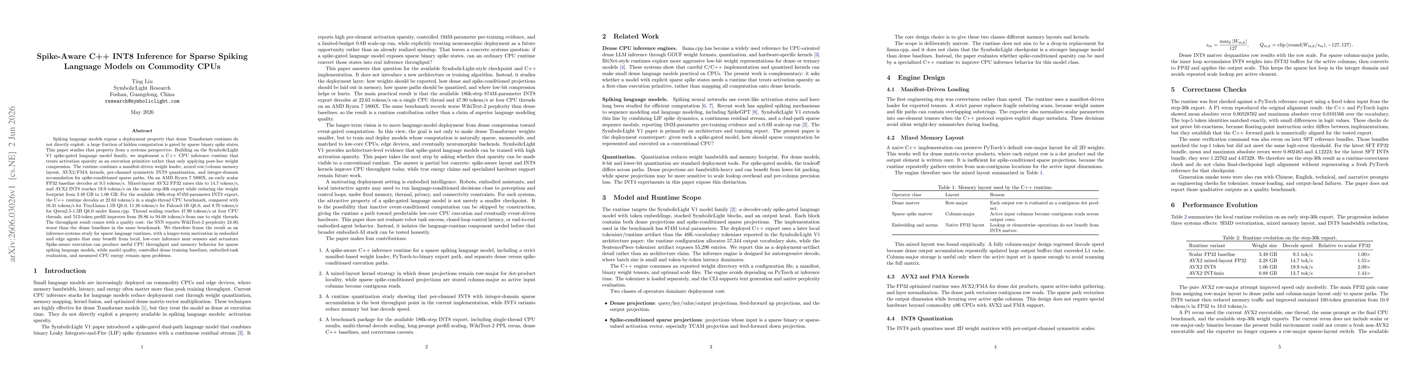 Thumbnail for Spike-Aware C++ INT8 Inference for Sparse Spiking Language Models on Commodity CPUs