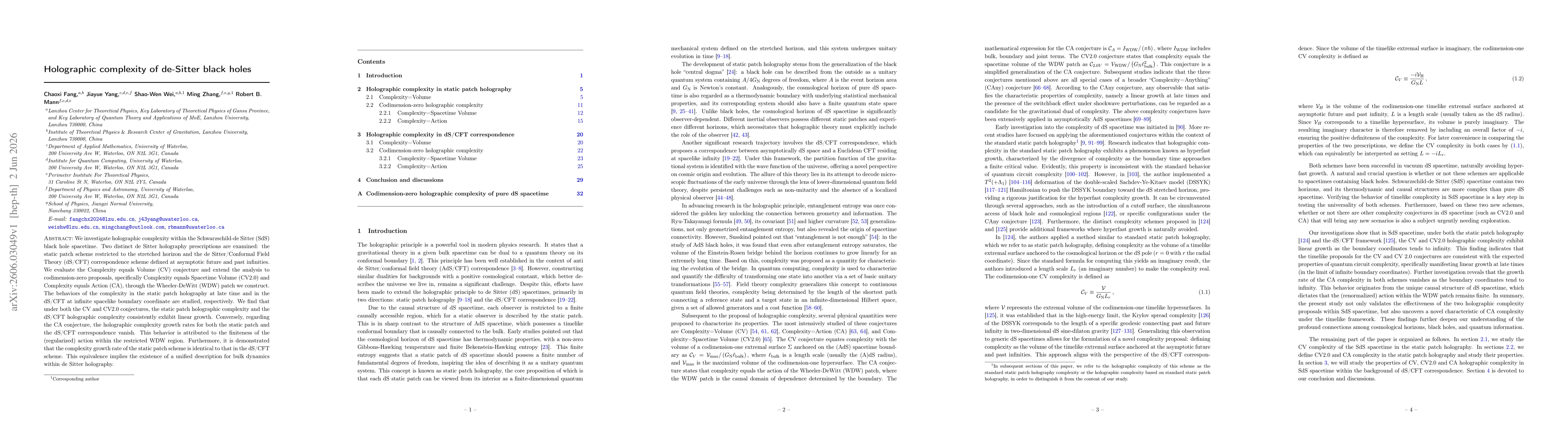 Thumbnail for Holographic complexity of de-Sitter black holes