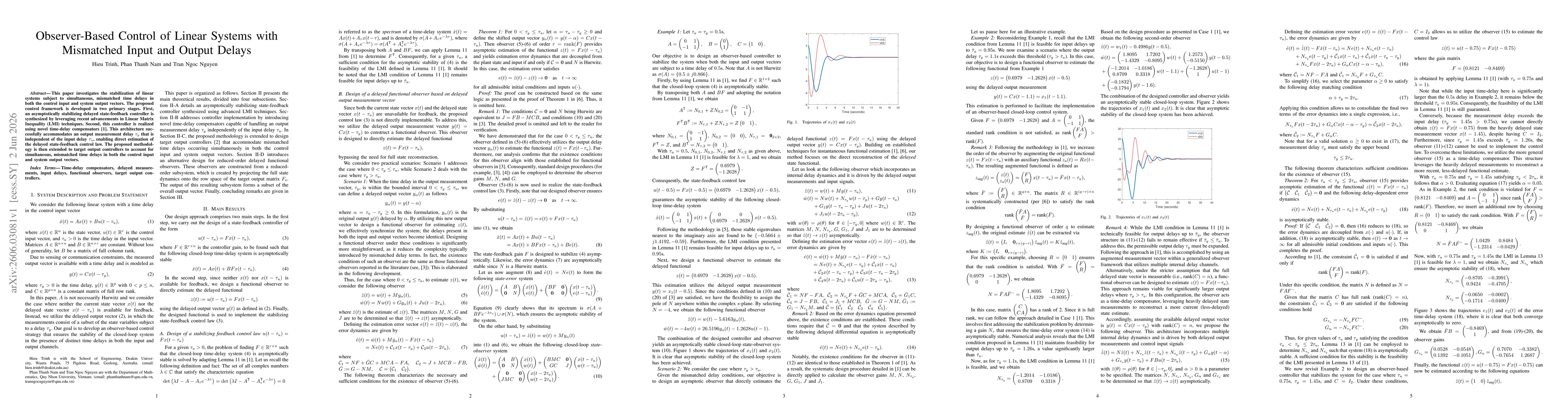 Thumbnail for Observer-Based Control of Linear Systems with Mismatched Input and Output Delays