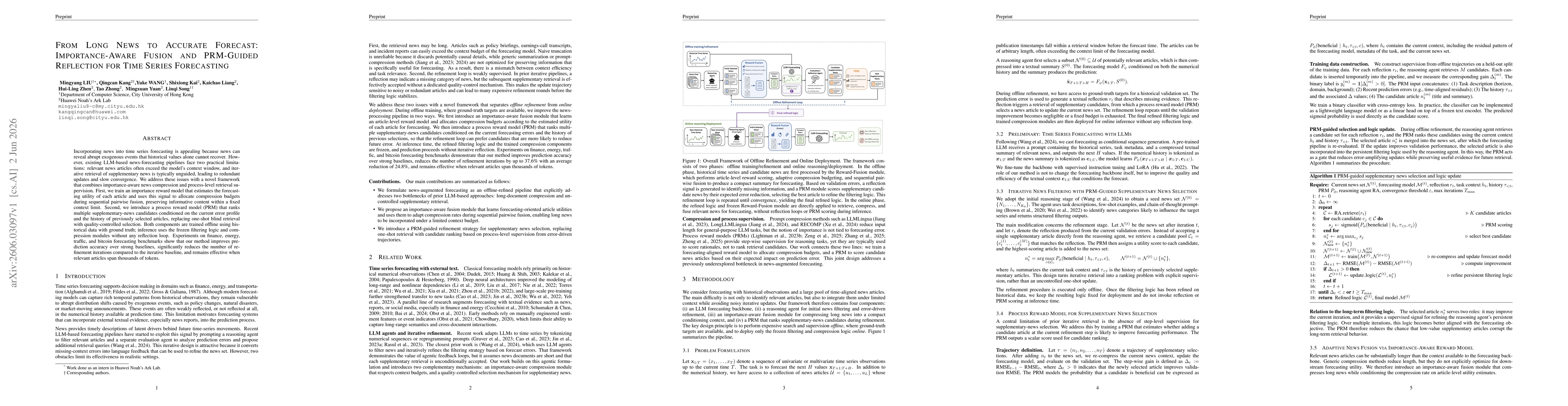 Thumbnail for From Long News to Accurate Forecast: Importance-Aware Fusion and PRM-Guided Reflection for Time Series Forecasting