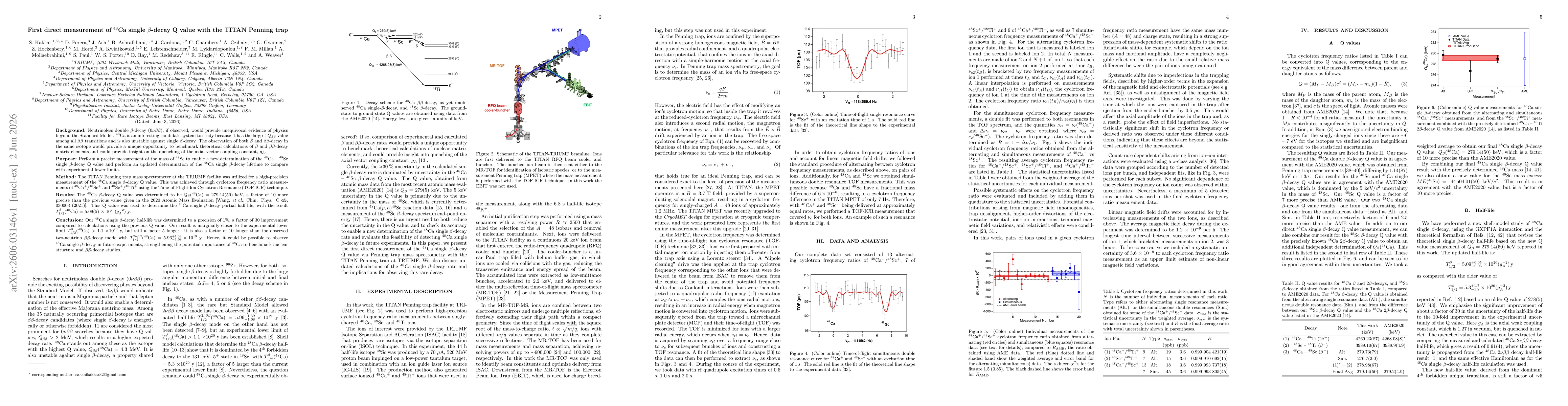 Thumbnail for First direct measurement of $^{48}$Ca single $β$-decay Q value with the TITAN Penning trap