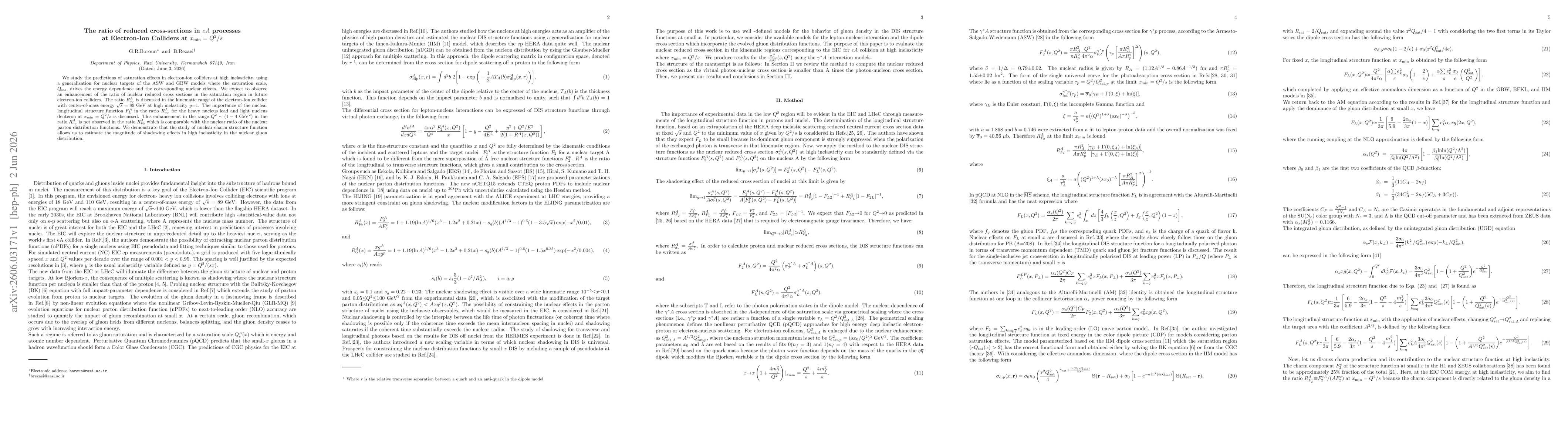 Thumbnail for The ratio of reduced cross-sections in $eA$ processes at Electron-Ion Colliders at $x_{\mathrm{min}}=Q^2/s$