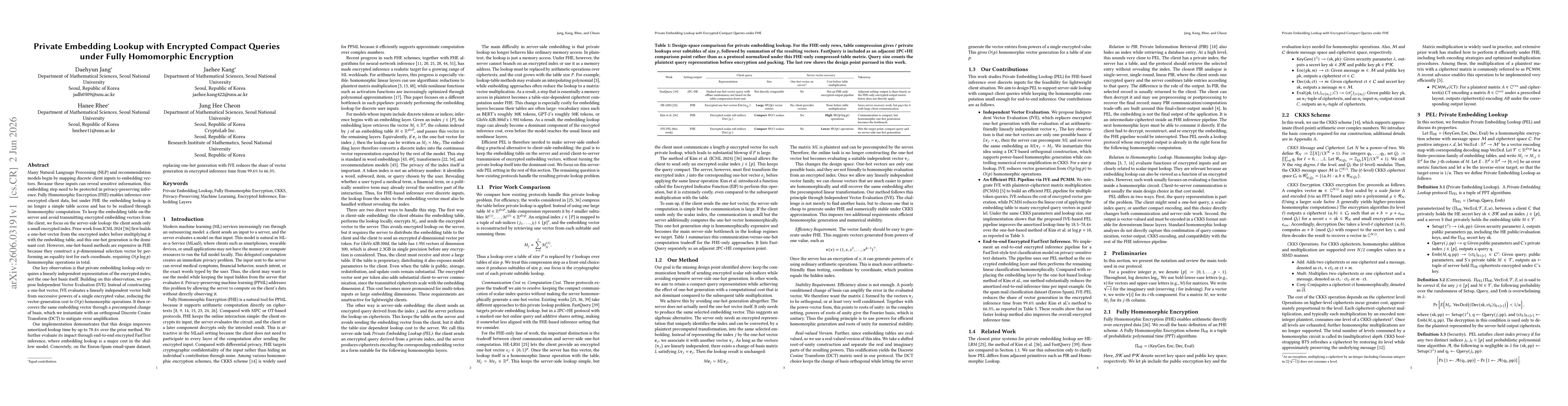 Thumbnail for Private Embedding Lookup with Encrypted Compact Queries under Fully Homomorphic Encryption