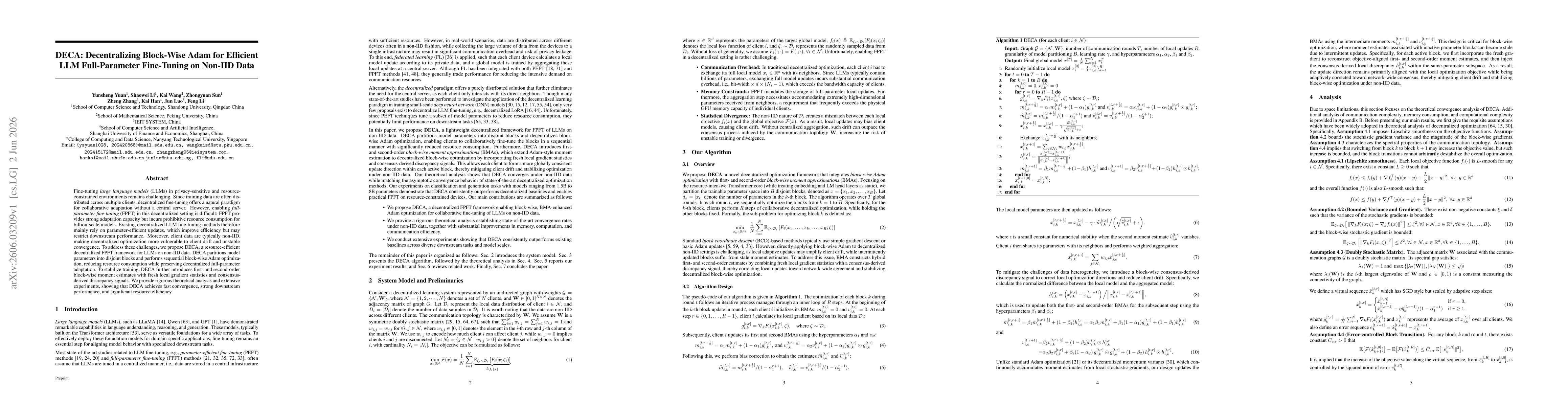 Thumbnail for DECA: Decentralizing Block-Wise Adam for Efficient LLM Full-Parameter Fine-Tuning on Non-IID Data