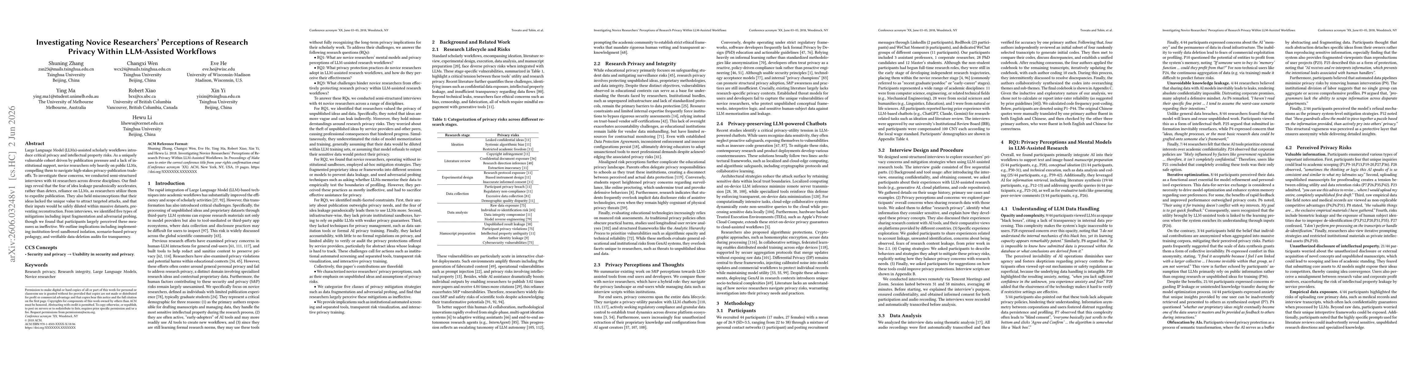 Thumbnail for Investigating Novice Researchers' Perceptions of Research Privacy Within LLM-Assisted Workflows