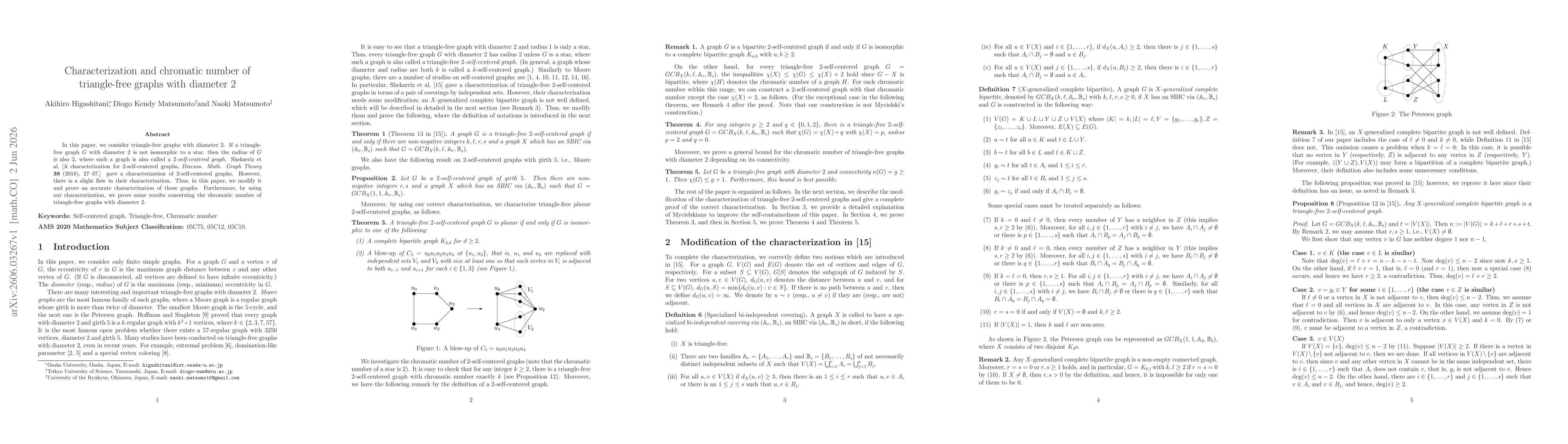 Thumbnail for Characterization and chromatic number of triangle-free graphs with diameter 2