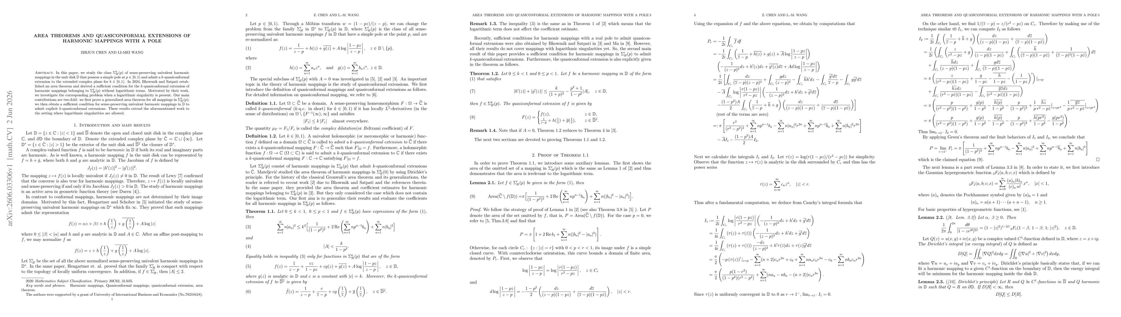 Thumbnail for Area Theorems and Quasiconformal Extensions of Harmonic Mappings with a Pole