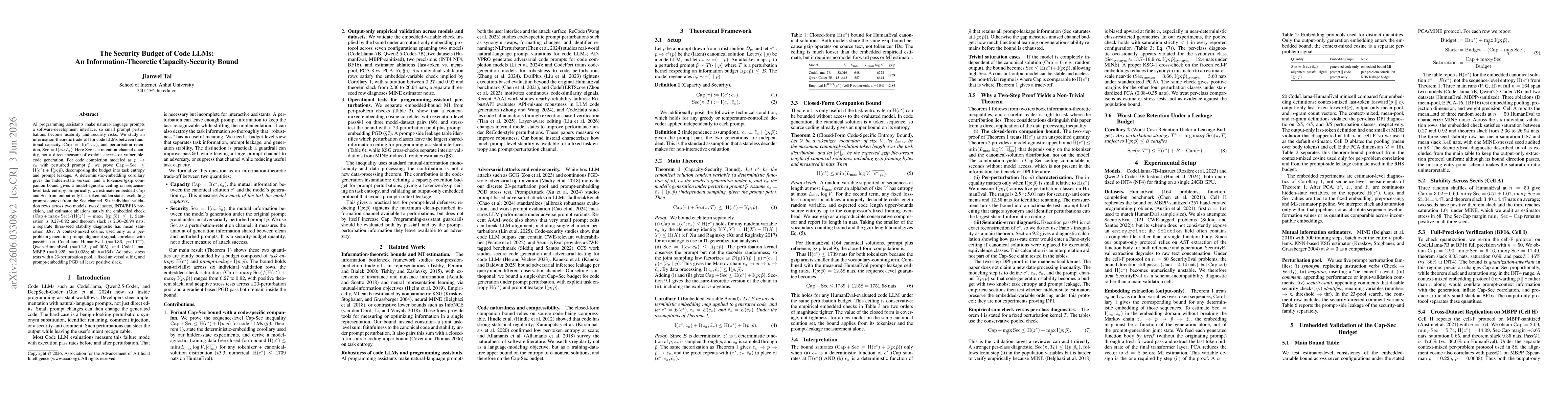 Thumbnail for The Security Budget of Code LLMs: An Information-Theoretic Capacity-Security Bound