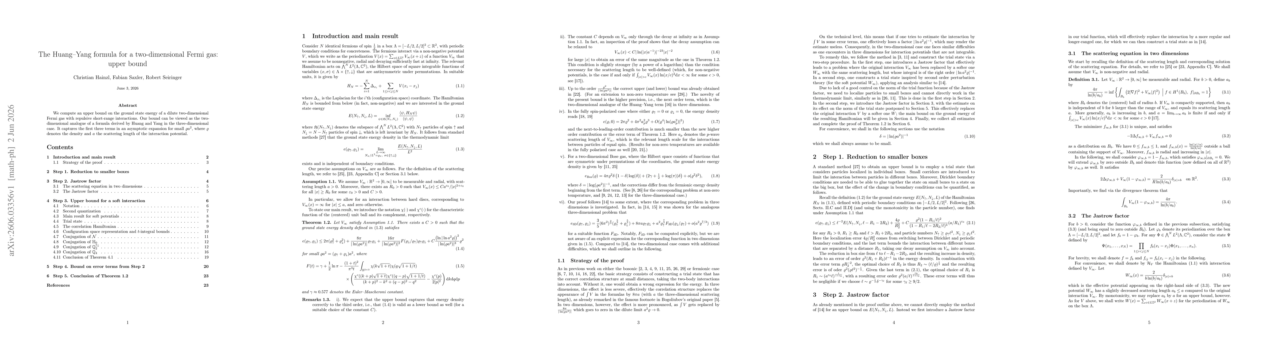 Thumbnail for The Huang--Yang formula for a two-dimensional Fermi gas: upper bound