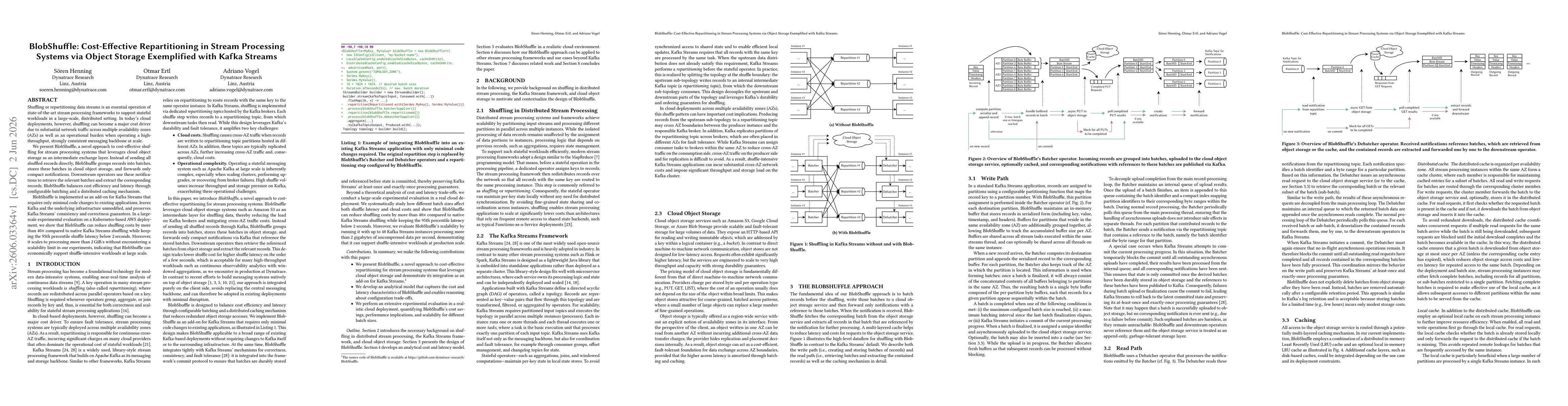 Thumbnail for BlobShuffle: Cost-Effective Repartitioning in Stream Processing Systems via Object Storage Exemplified with Kafka Streams
