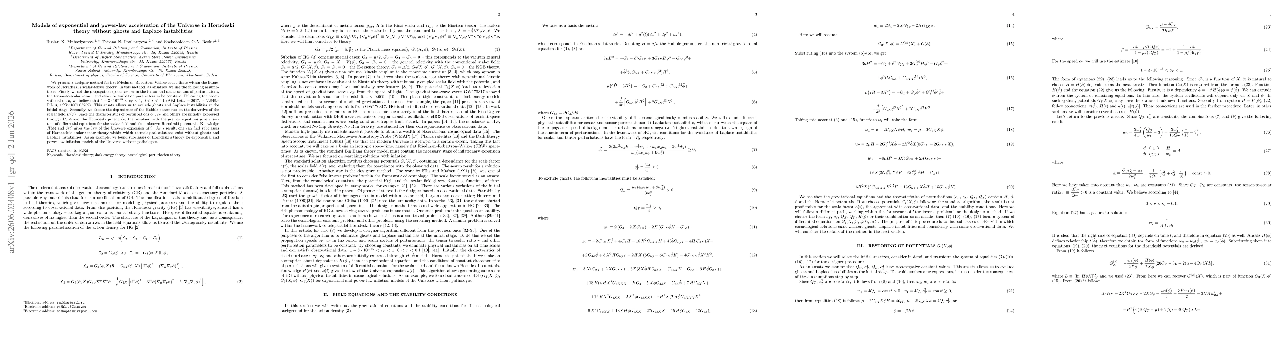 Thumbnail for Models of exponential and power-law acceleration of the Universe in Horndeski theory without ghosts and Laplace instabilities