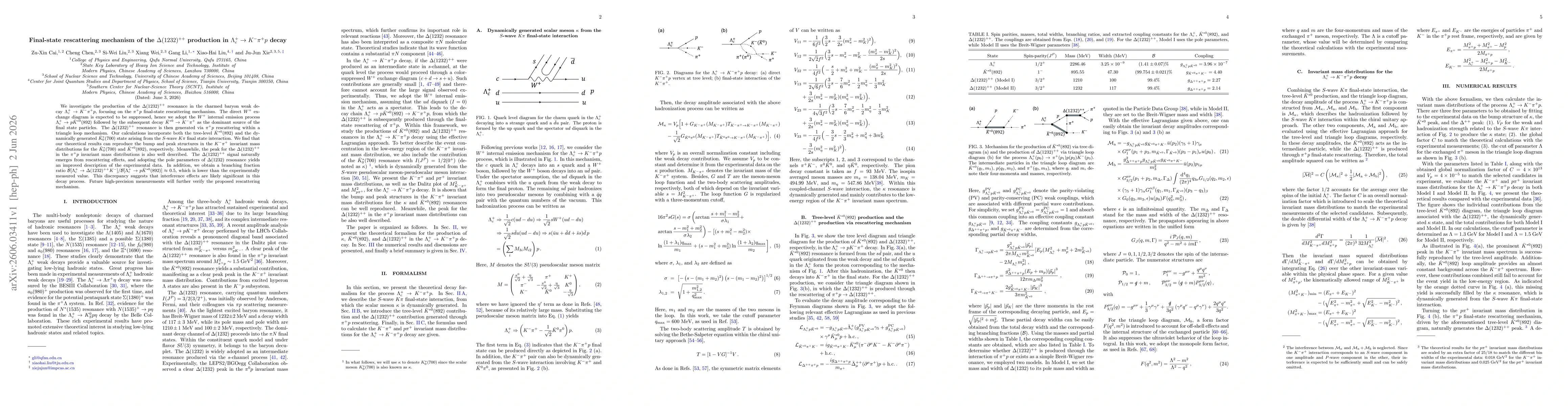 Thumbnail for Final-state rescattering mechanism of the $Δ(1232)^{++}$ production in $Λ^+_c \to K^- π^+ p$ decay