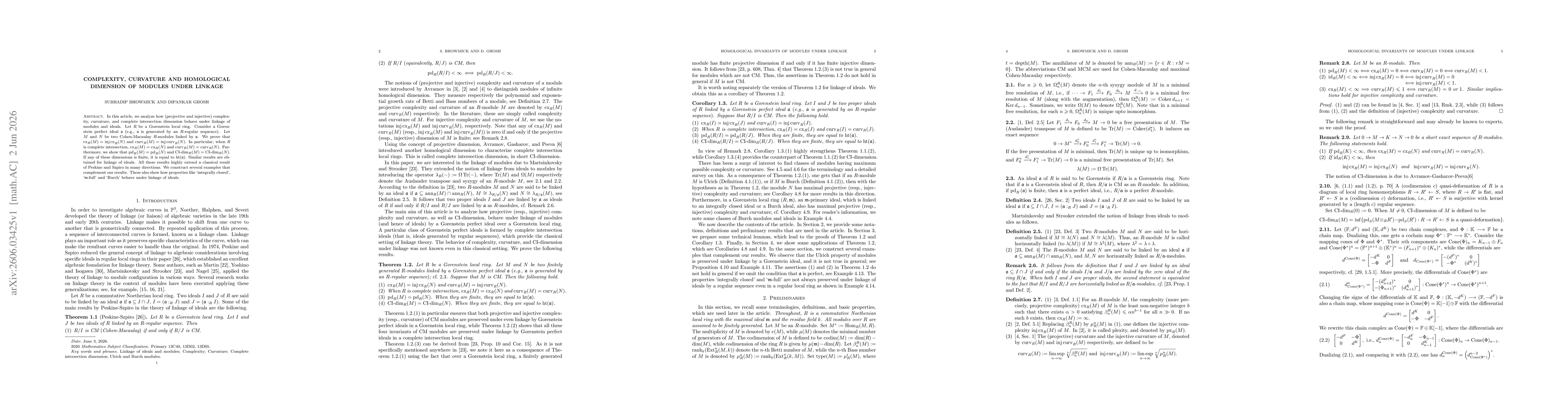 Thumbnail for Complexity, curvature and homological dimension of modules under linkage
