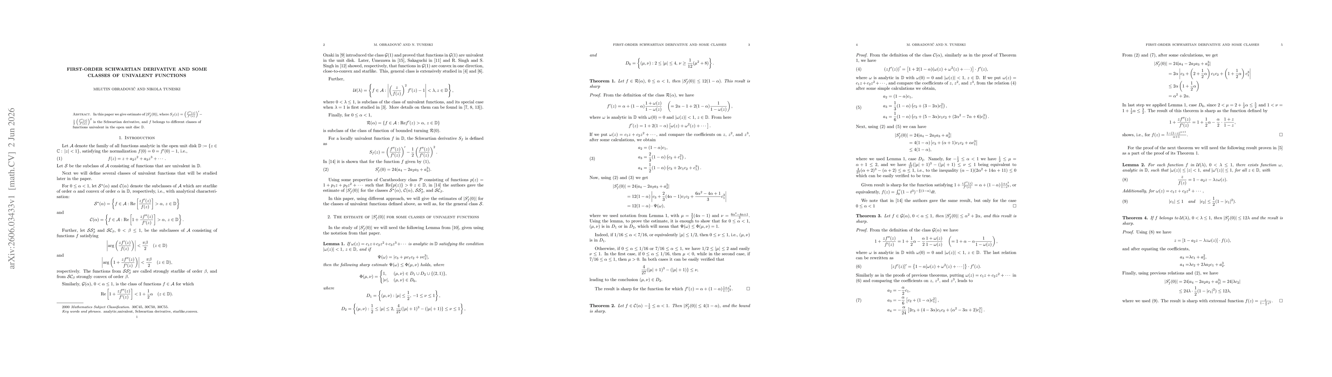 Thumbnail for First-order Schwartian derivative and some classes of univalent functions