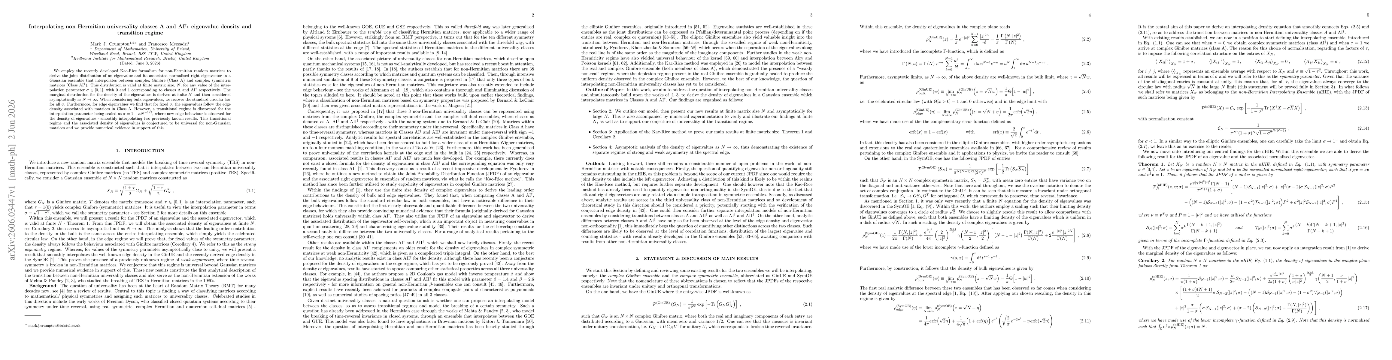 Thumbnail for Interpolating non-Hermitian universality classes A and AI$^\dagger$: eigenvalue density and transition regime